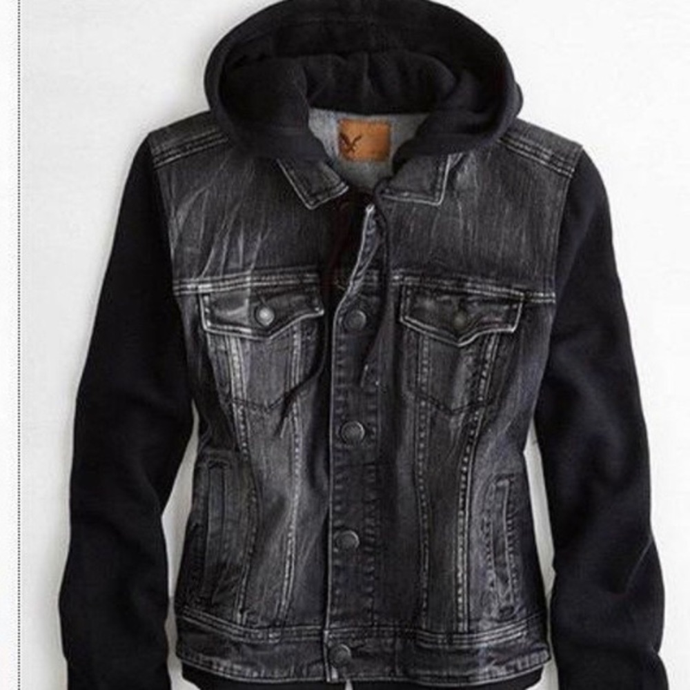 Black Denim Hooded Jean Jacket / Sweatshirt Sleeves